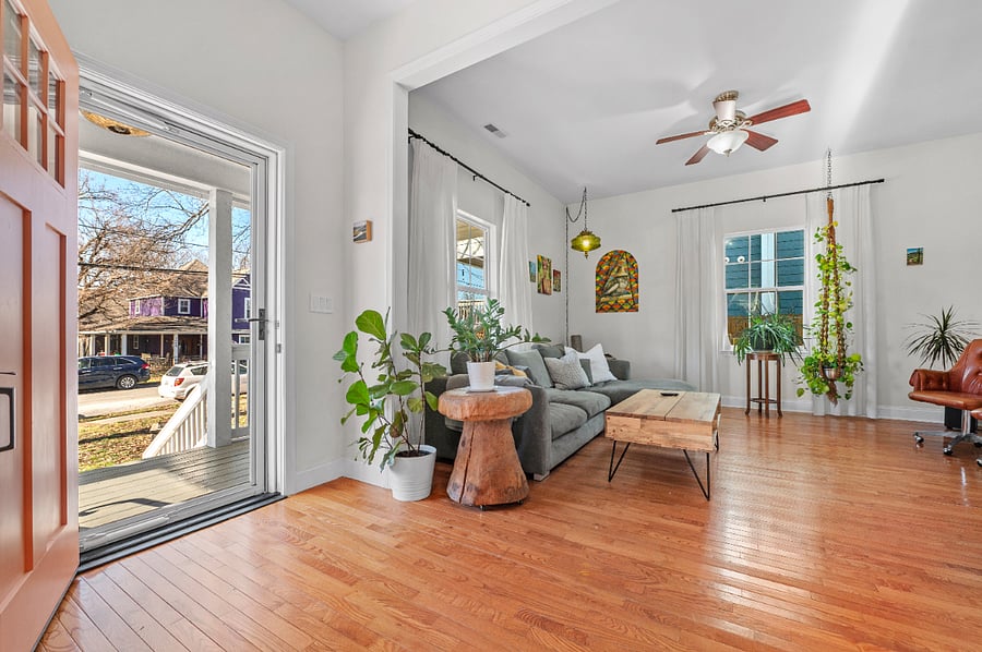 Entry/living room. Both the front and back doors have fingerprint/code locks. Front and back door have camera/ring that you are welcome to download if you would like. 