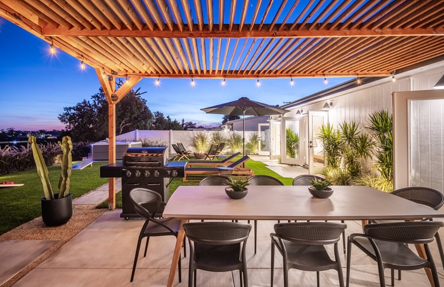Fully enclosed private large backyard with fire pit and hot tub