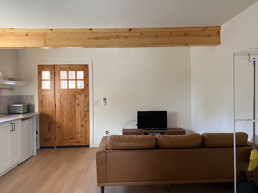 Couch, tv with amazon fire stick
