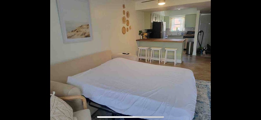 Pull-out couch downstairs. Queen mattress