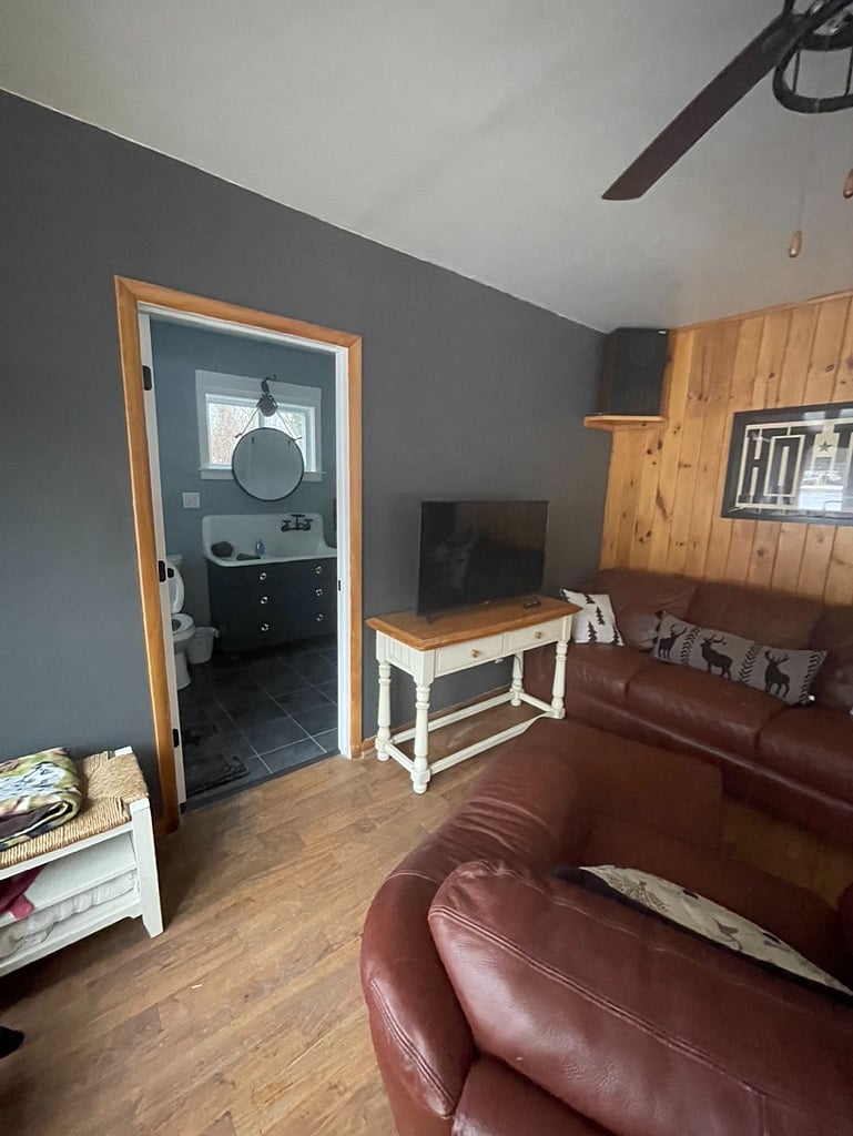 Roku TV and one entrance to bathroom/laundry
