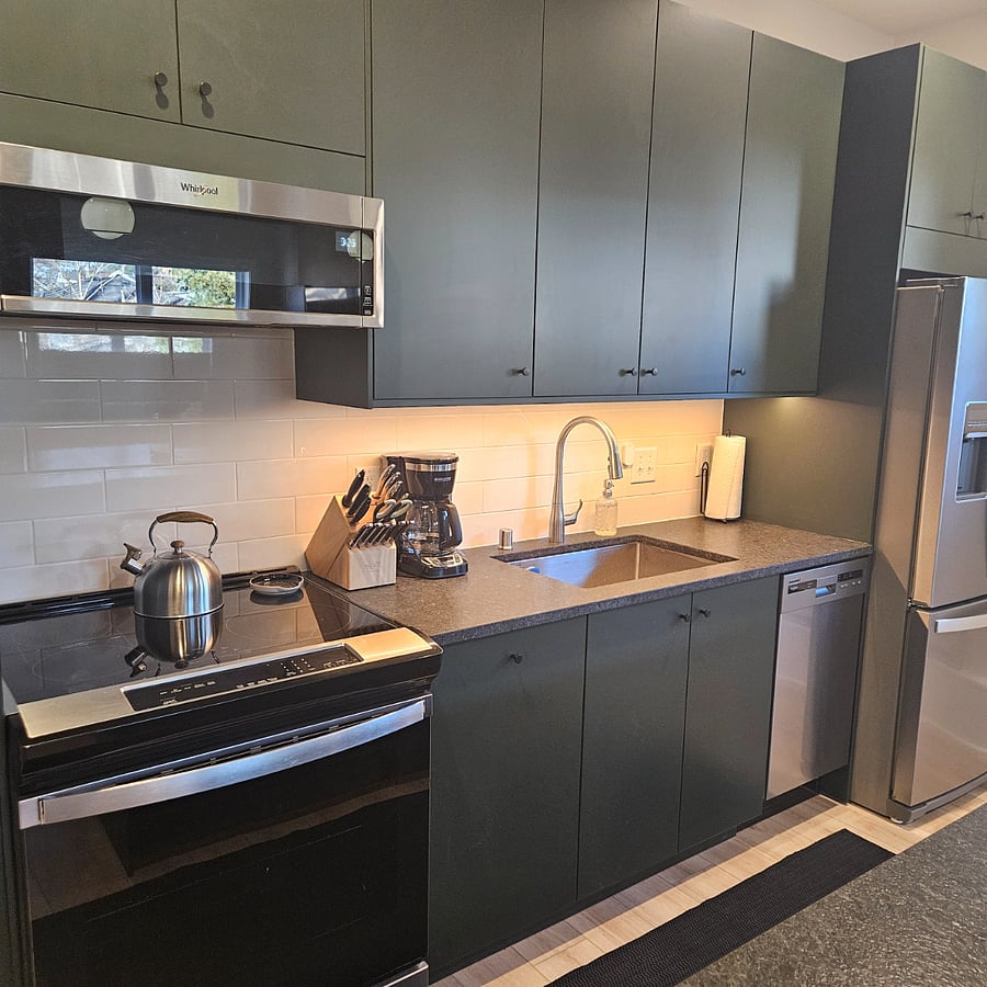 Induction stove/oven, dishwasher, full fridge, microwave, coffee maker and plenty of pantry space