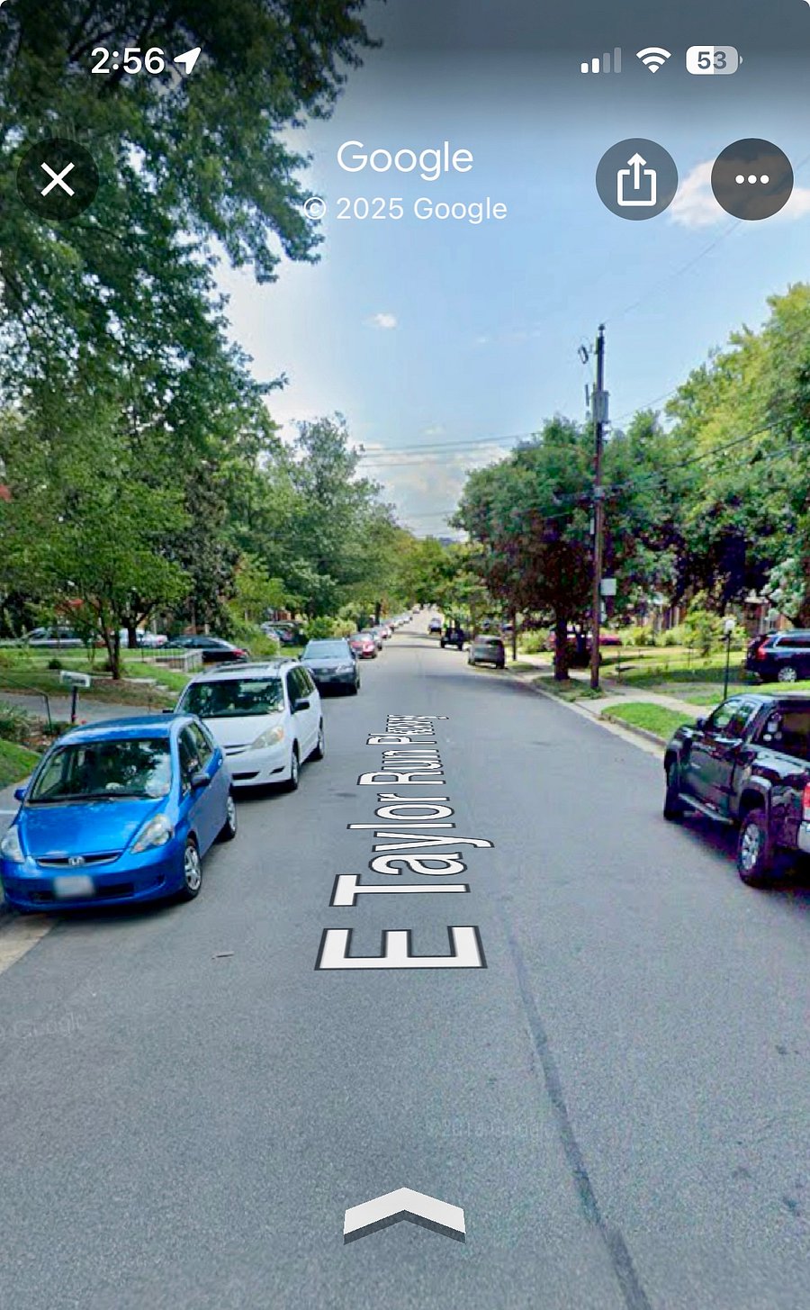 The street. Property is down several houses on the right. Free street parking in front of the house.