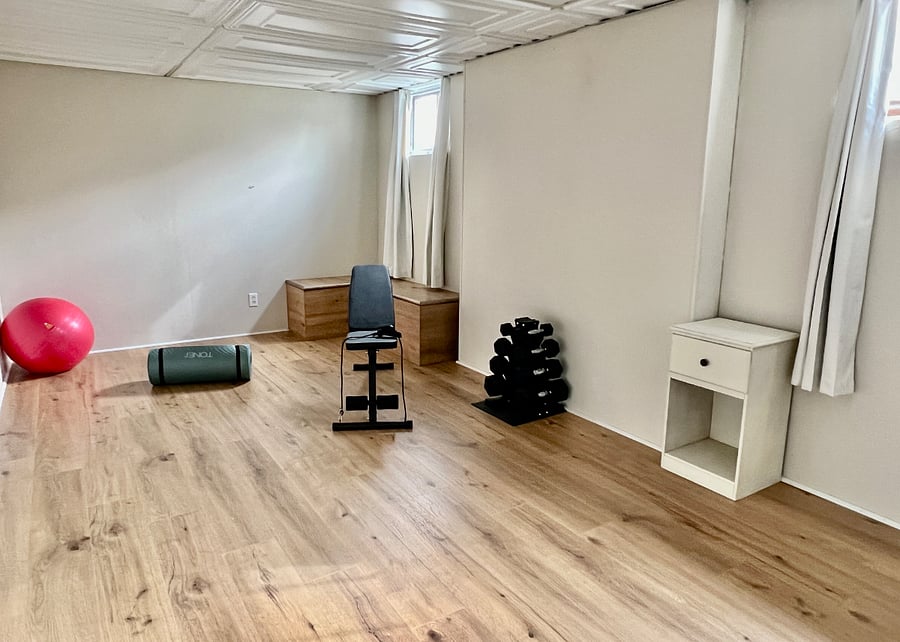 Workout bench, weights, mat.