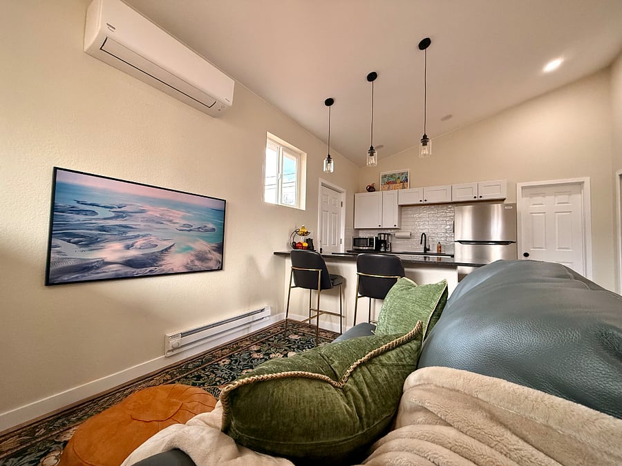 Living Room, Leather Couch, 55in Samsung Frame TV