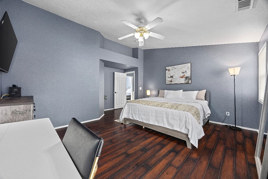 Master Bedroom Wide View
Spacious primary bedroom with ample room and stylish furnishings