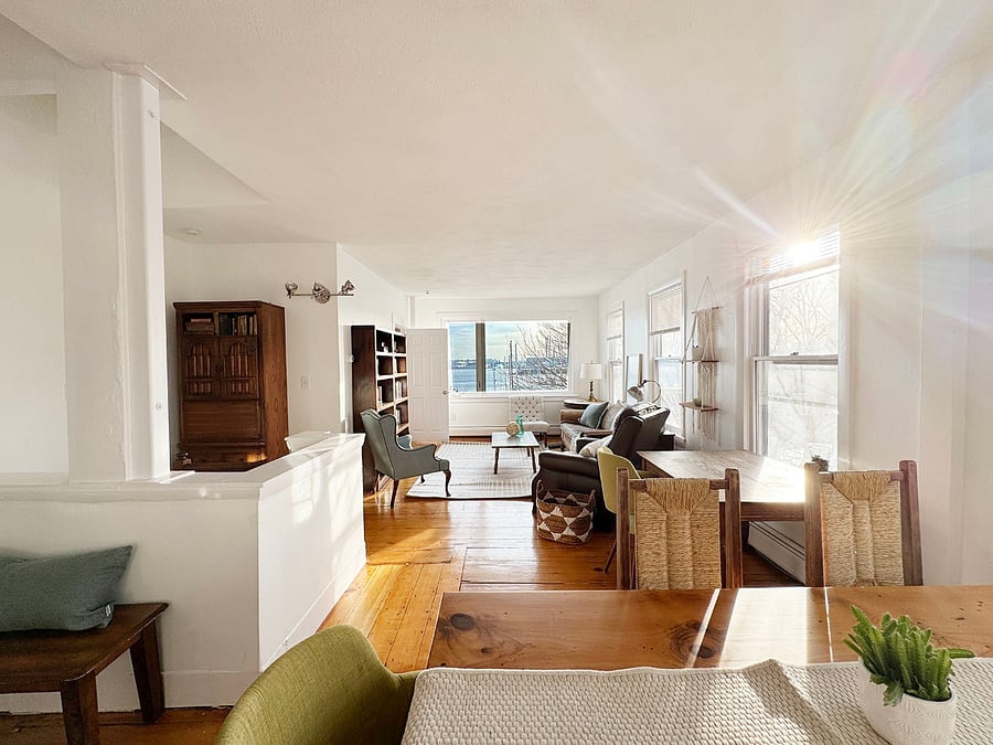 From the unique dining table you can see views of the Boston harbor