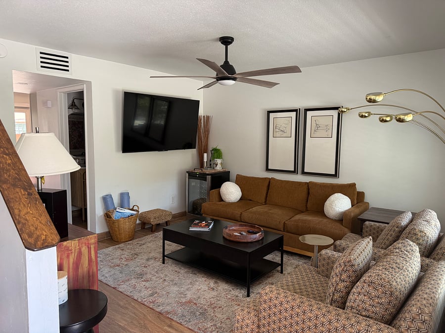 65 Flat Screen with ROKU Streaming and Dual Temperature Wine Cooler. Yoga mats and Pool Float and Pool Noodles.