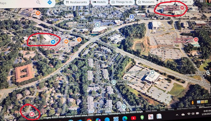 Google maps screenshot showing:  (1) this unit  circled in the lower left, (2) Harris Teeter grocery store and shopping center conveniently located very close by and across Duraleigh Road, and (3) UNC Rex Hospital in the upper right (only one mile/5 minutes away) 