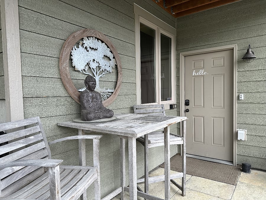 Your patio with bistro table, a Weber Propane BBQ Grill and parking just out front