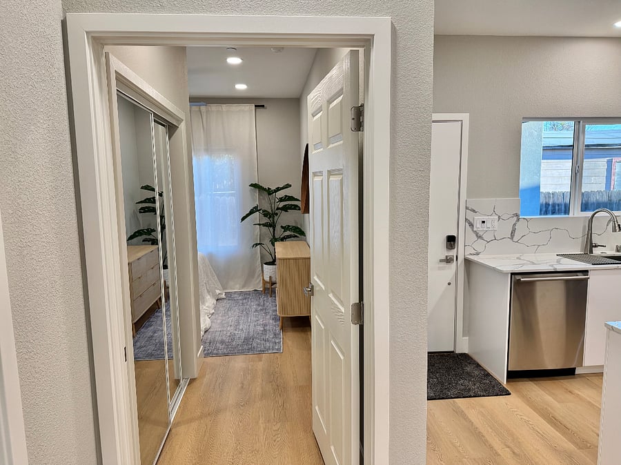 Primary bedroom secluded from main part of the house for maximum privacy