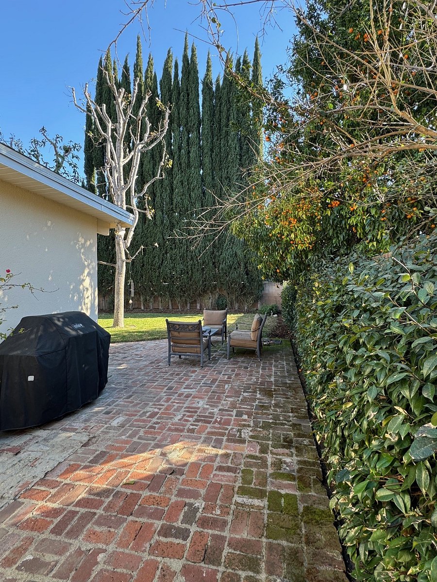 Outdoor seating area and grill. Tables and Chair for entertaining stored in Garden Shed in Rear Yard