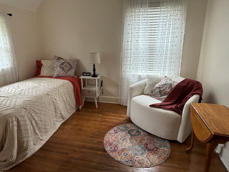 Updated photo to come: 2 twin beds in this room can be separate, or joined together to create a King sized bed. Room amenities: night stand, lamp, clock, small mirror, dressing chair and closet.