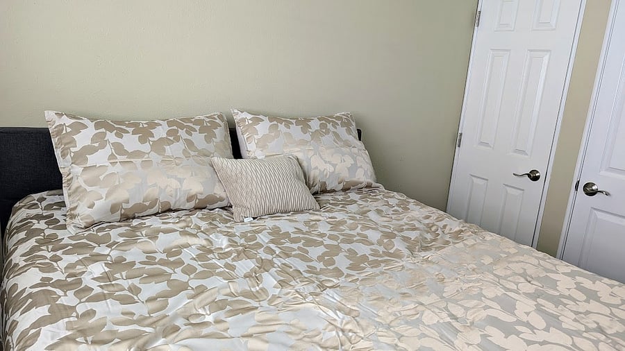 The bedroom has a queen bed and dresser. The two doors in the picture are small closets