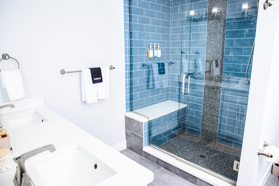 Master King bedroom fully renovated en suite bathroom with beautiful blue tile design.