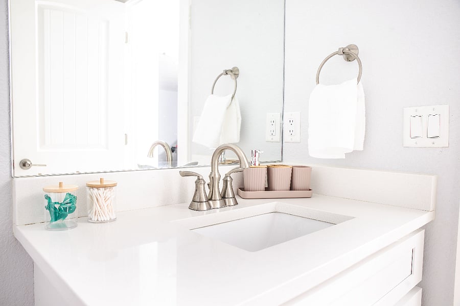 Located upstairs, your full bathroom with hair dryer, starter amenities including q-tips, flossers, make-up towels, and towels.