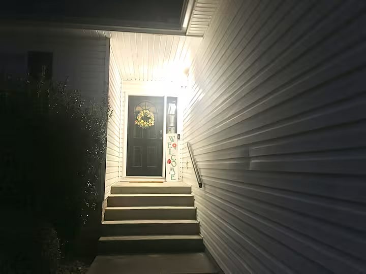 The exterior is well lit at night for your security and comfort.