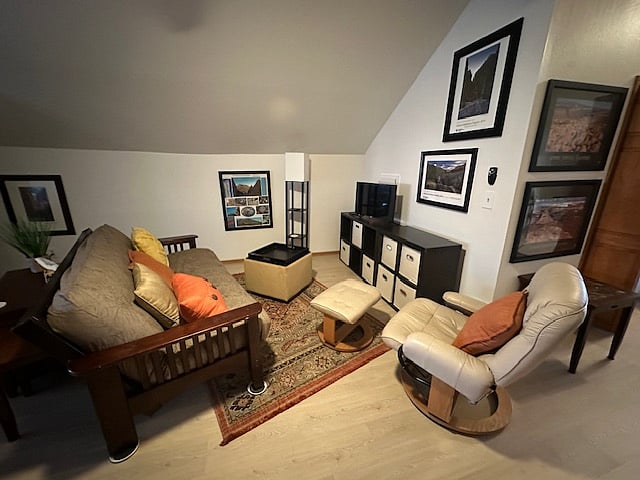 Close up of living room area with smart TV.