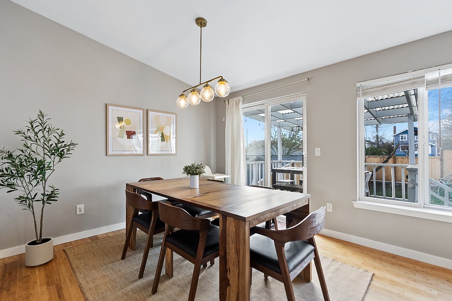Modern dining room for 6, high chair is available if needed