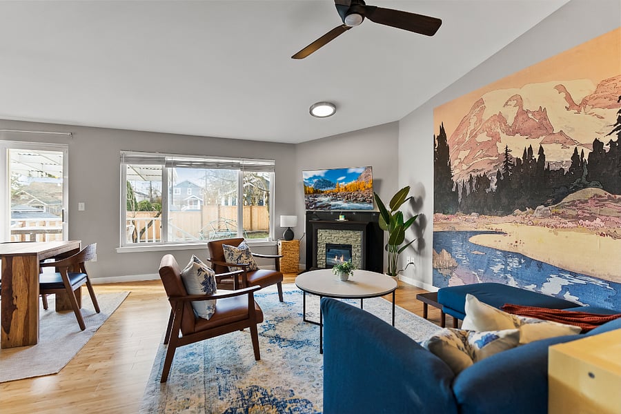 55" smart TV, fireplace, and Mt Rainier mural to aid in relaxation