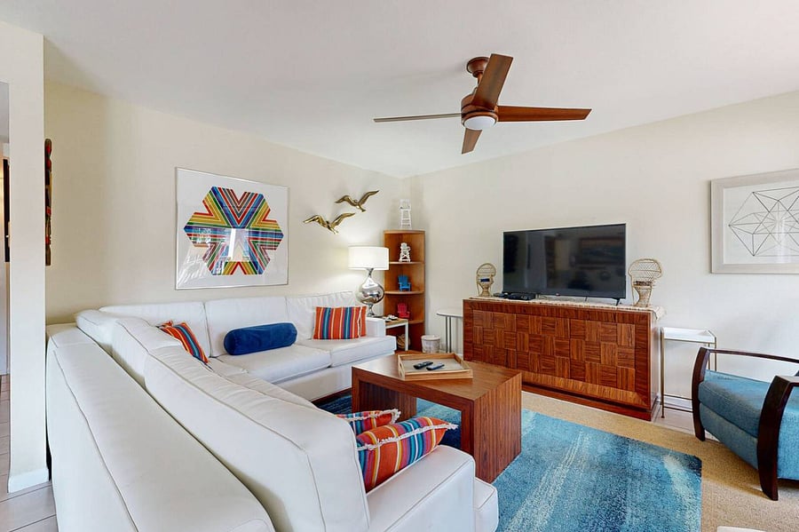 Your choice: the nice 50" TV or the nice view of the pool and courtyard