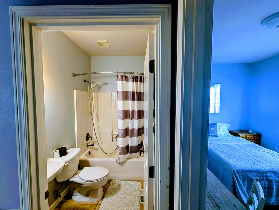Bathroom is next to your room. It will be mostly private to you unless on the rare occasion there is elderly or disabled visitor that can not go upstairs to the other 3 bathrooms.