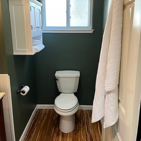Toilet and bathroom storage. All towels are here.