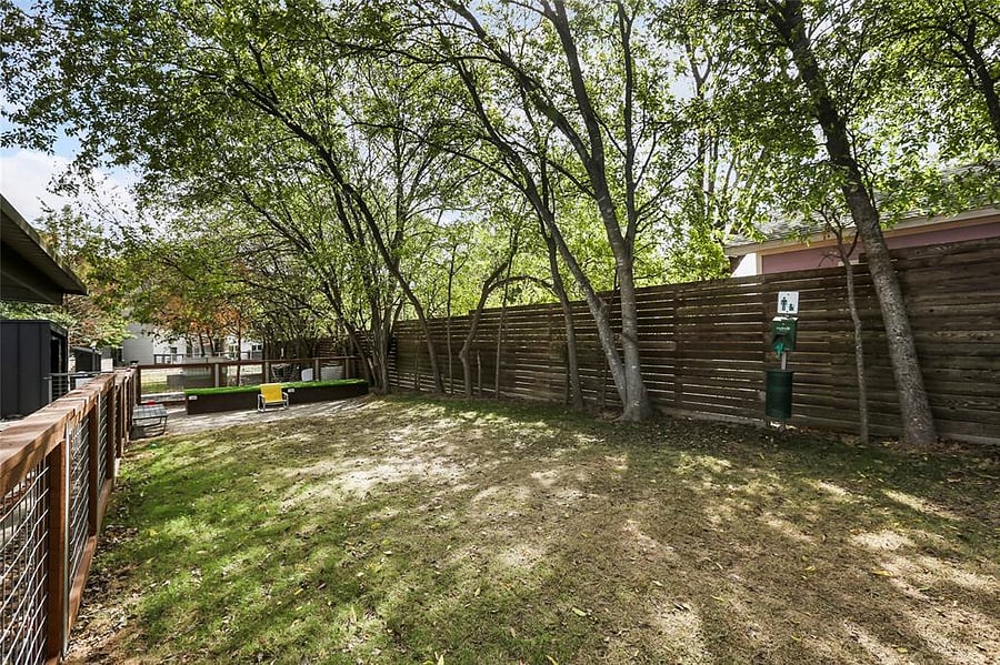 Outdoor community area with dog park and dog washing station