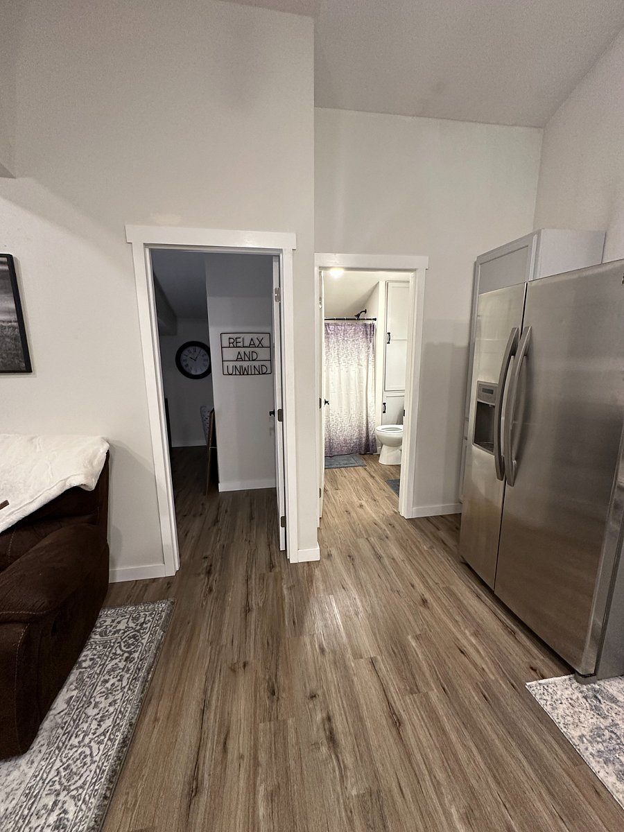 Bathroom to the right and bedroom to the left