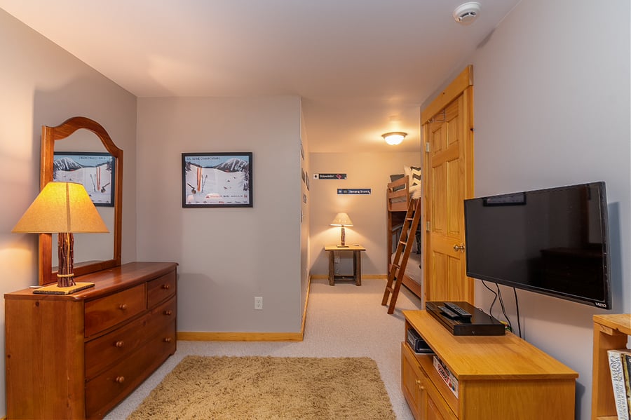 Bunk room with TV set up for DVD player only (no cable or wifi available)
