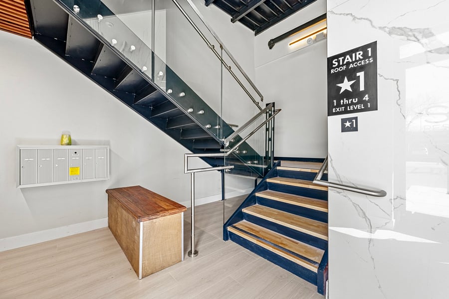 "Convenient waiting area for guests or deliveries, alongside a secure mail pickup spot."