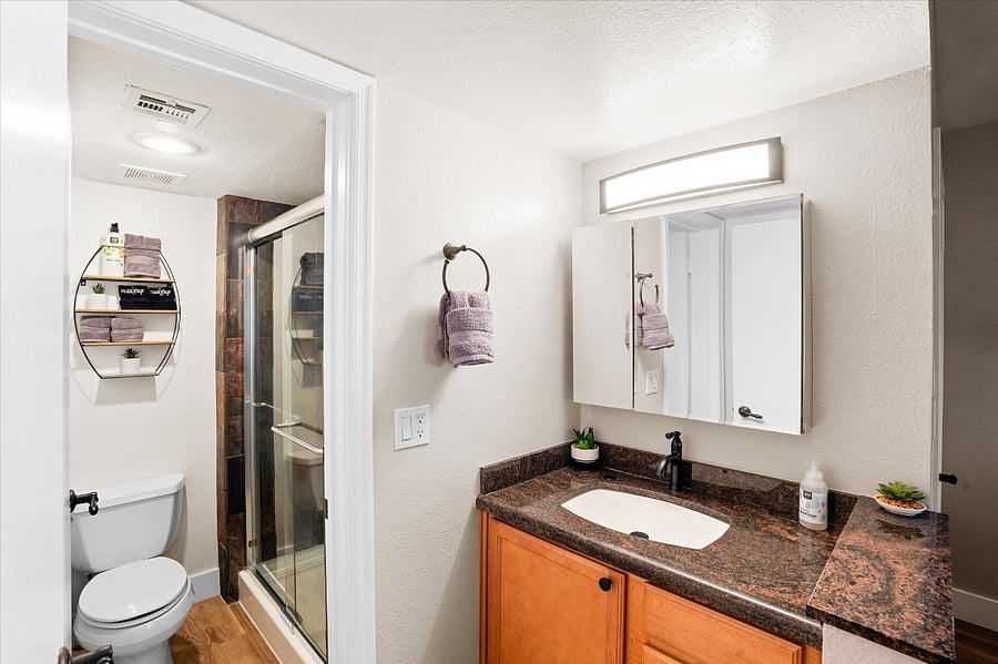 En suite vanity and bathroom with step-in shower
