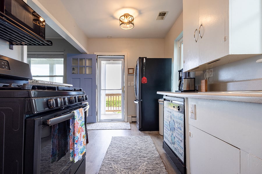 Kitchen with view to back deck.