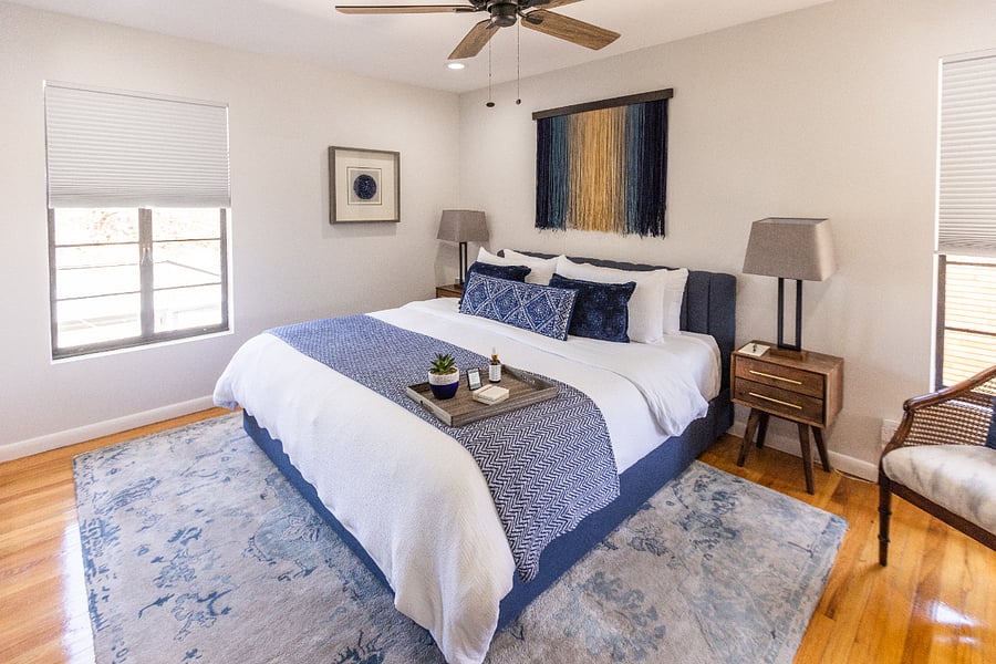 Primary bedroom with king sized bed