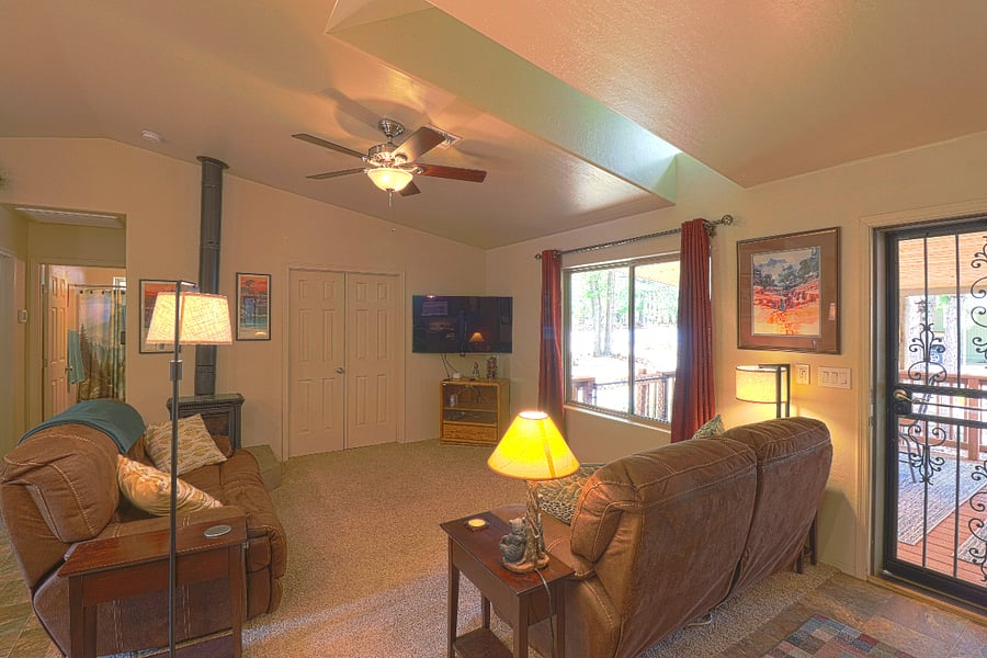Cozy and bright living room with blackout curtains.