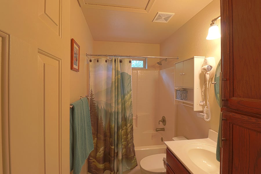 The second bathroom has a bathtub shower that gets outside light through window above. It also offers a wall-mounted hair dryer and linen cabinet.