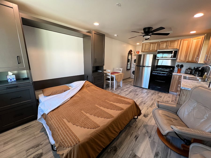 A Queen Murphy bed with a new mattress will welcome your slumber. With convenient USB power sources for your portable devices. Large drawers and wardrobe so you dont have to live out of a suitcase. 