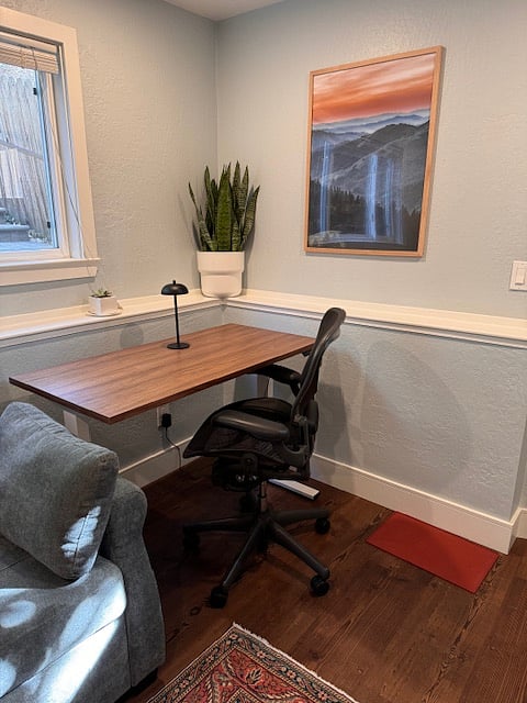 Work space- sit/stand desk, Herman Miller Aeron chair facing front yard.