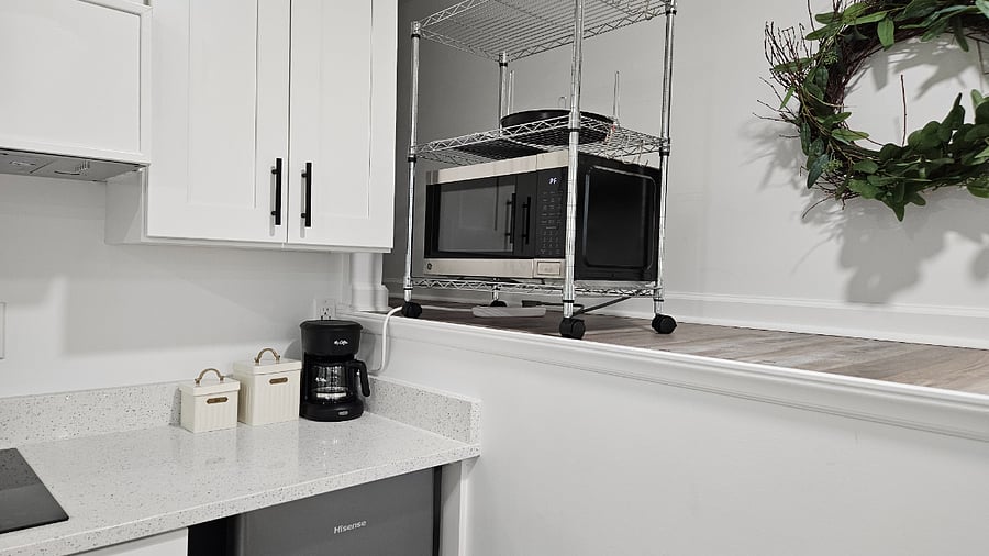 A microwave-broiler-air fryer in one. Coffee and tea provided to start your day.
