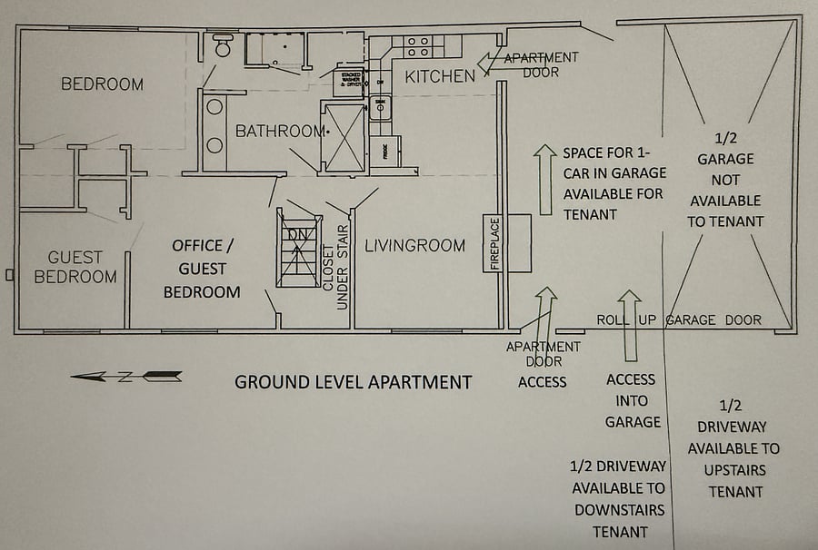 Drawing of Downstairs Unit, Garage and Driveway