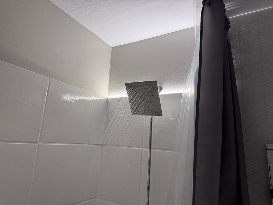 Rainfall shower with bidet and ambient lighting.