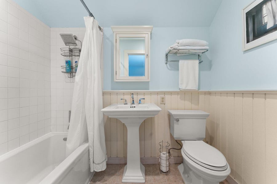 Bathroom with shower and tub in South bedroom.