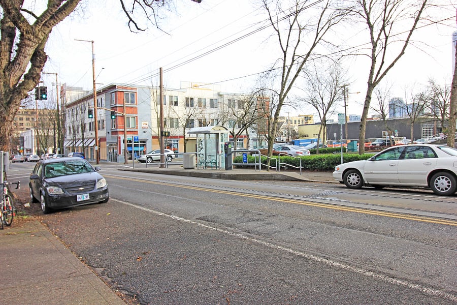 Across the street from the streetcar stop.
