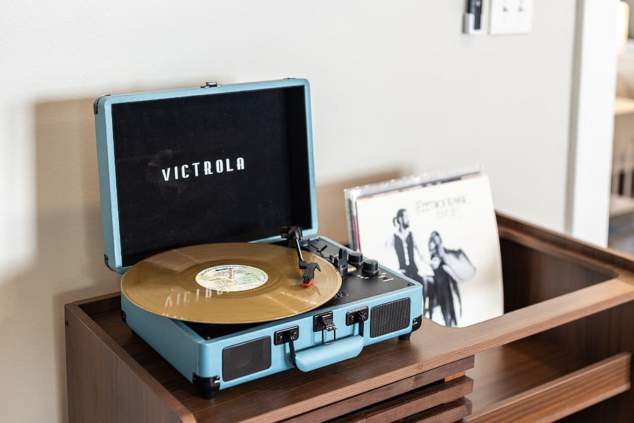 Record player and popular Vinyls provided for your entertainment