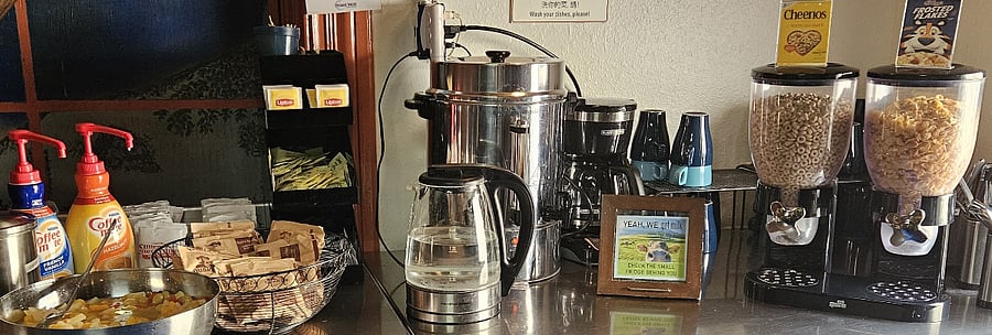 Cereals, milks, oatmeal, fruit cocktail, coffee, tea and hot chocolate are available daily. We will be adding a bread selections with spreads in the spring.