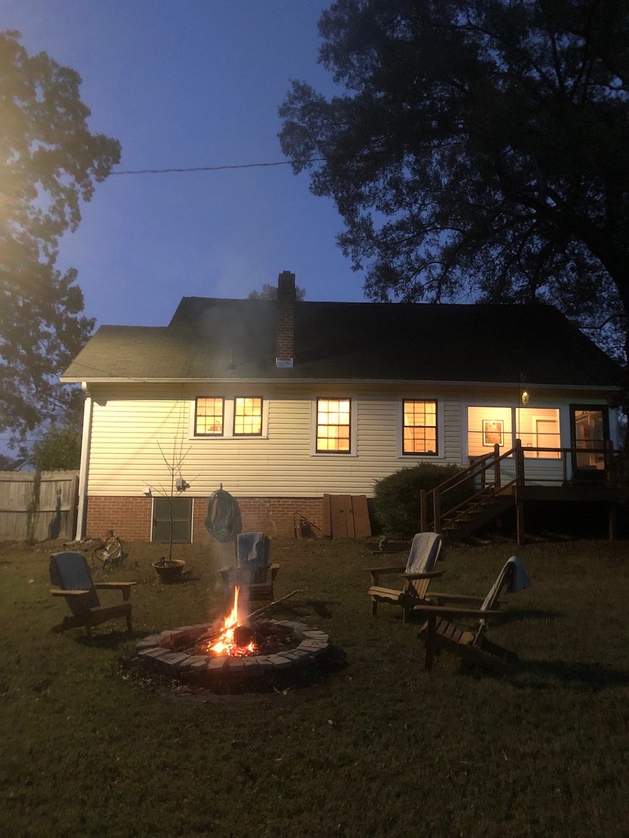 Large fenced back yard, with back porch and fire pit.