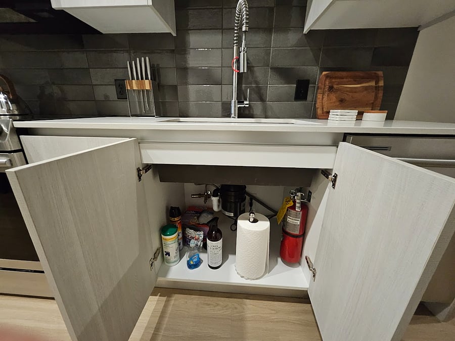 Cleaning supplies, dish washing liquid, trash bags, dish washer pods, and fire extinguisher.