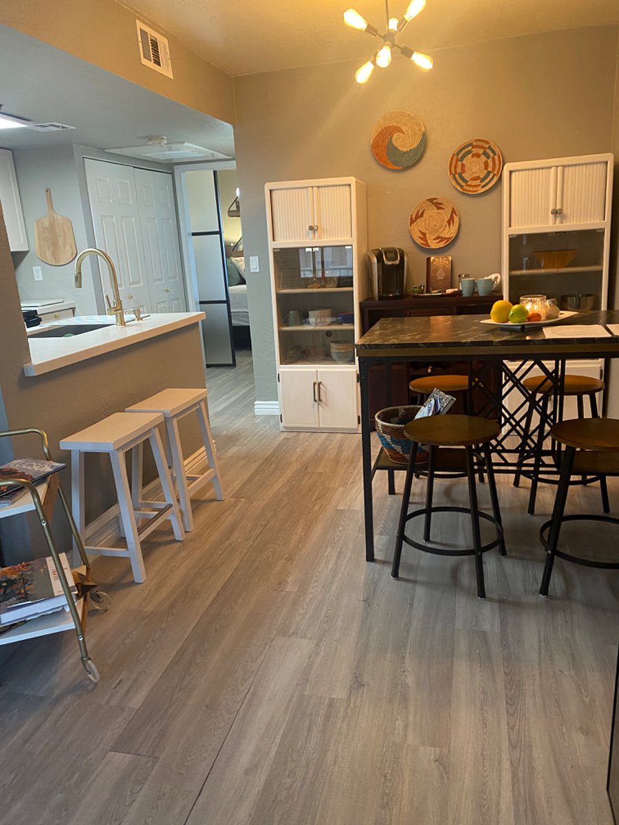 Dining room with counter height stools.