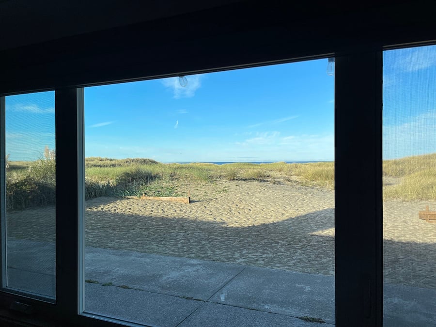 View of back patio/year and ocean (photo taken from living room).