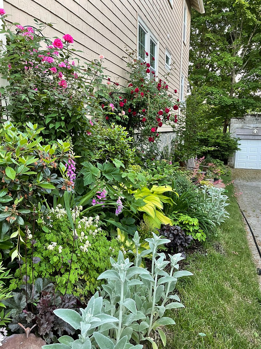 Lush perennial gardens surround the structure